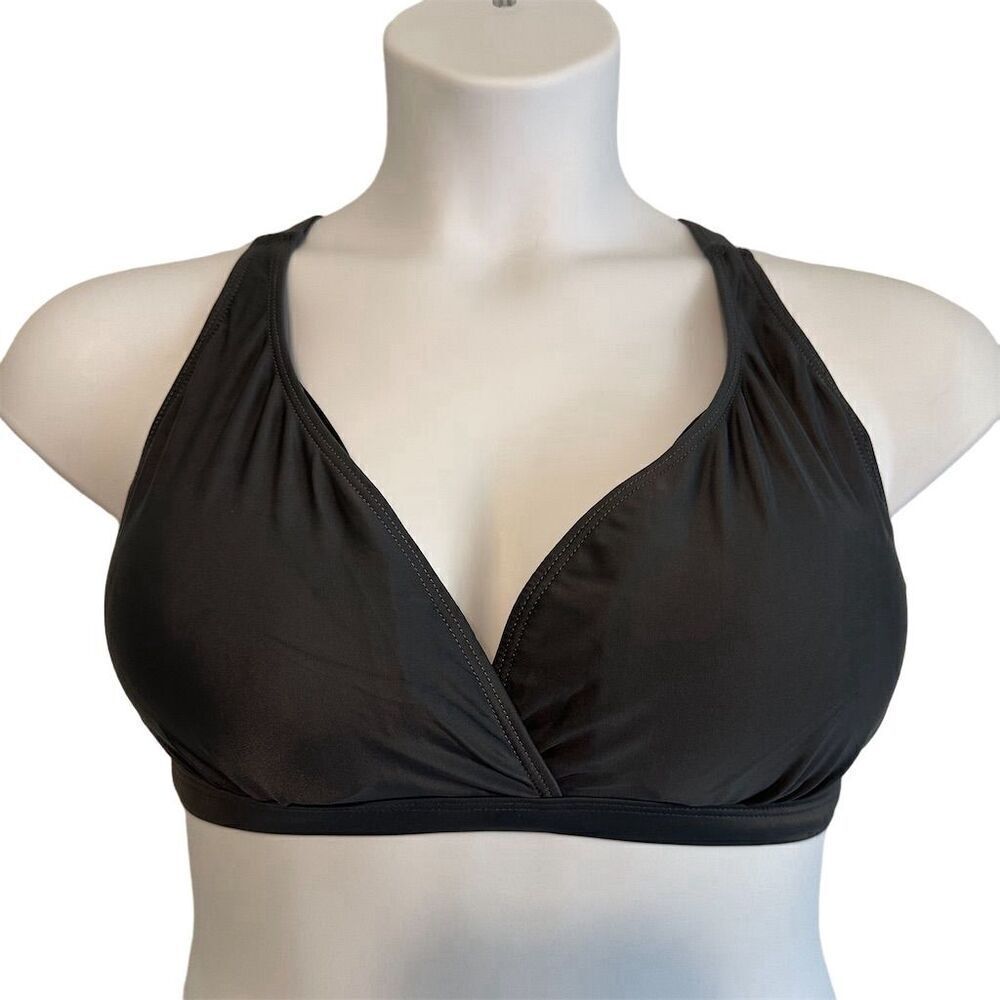 COCOSHIP Women's Black Halter Bikini Top Size 38D Deep V-Neck Adjustable Straps